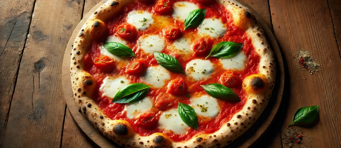 Pizza napolitana tradicional con masa fina y bordes inflados, cubierta con salsa de tomate, mozzarella derretida y hojas de albahaca fresca.