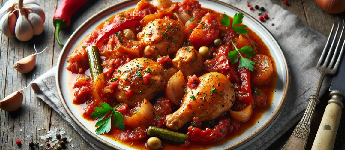 Pollo alla Cacciatora en salsa de tomate, cocido con ajo, pimientos, cebolla y hierbas, servido en un plato blanco con perejil fresco.
