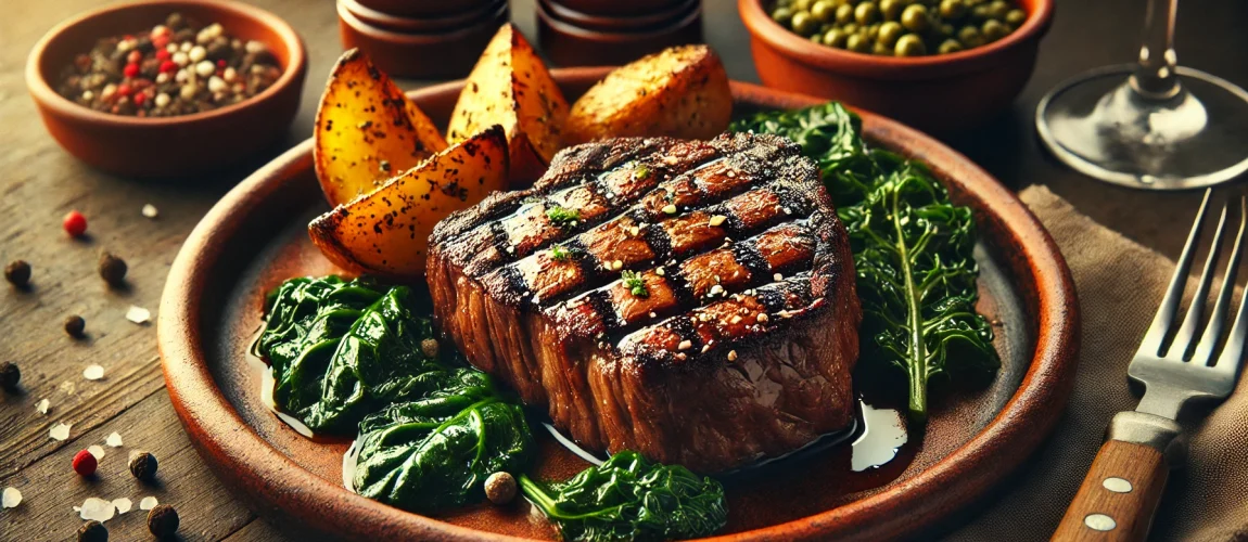 Corte de carne Posta Barrosã a la parrilla sobre un plato de barro rojo, acompañado de patatas y grelos.