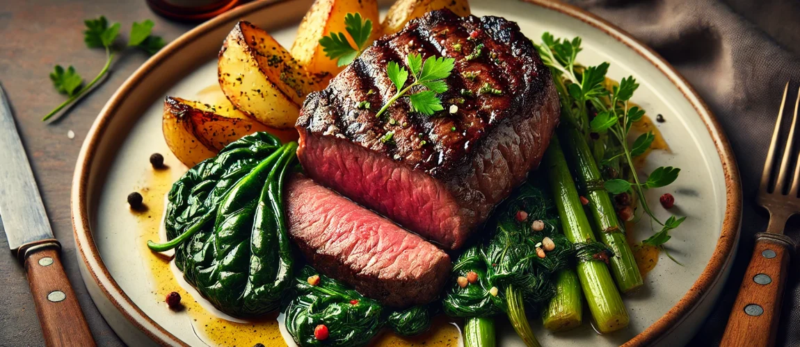 Plato de Posta Maronesa con rodajas de patata doradas y verduras verdes al fondo.