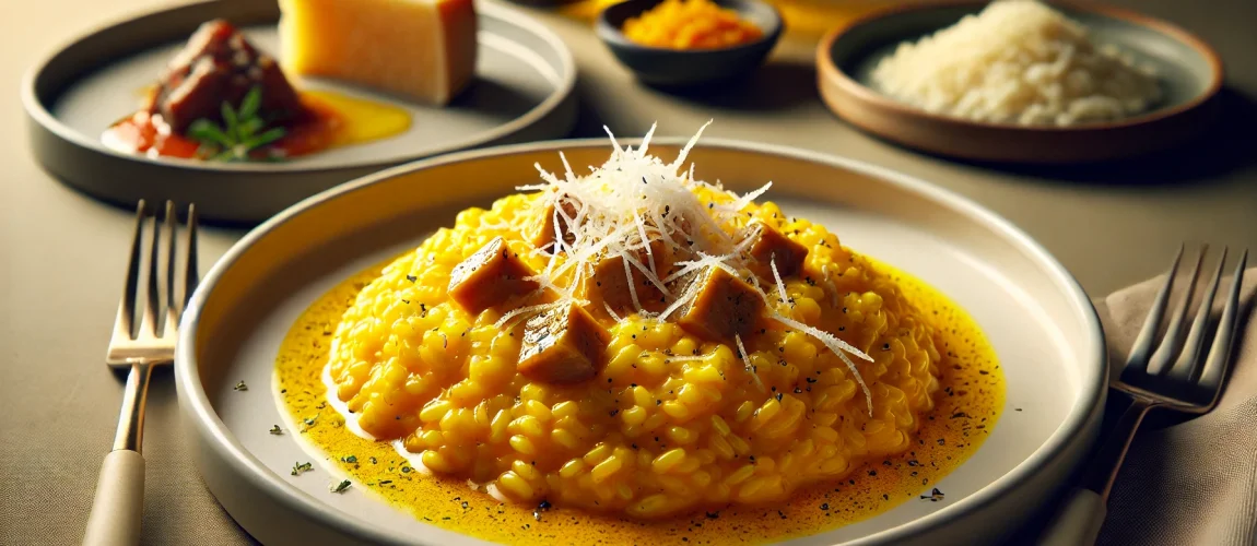Plato de Risotto alla Milanese de color dorado, acompañado de ossobuco en un plato blanco elegante, decorado con queso Parmigiano-Reggiano rallado y hierbas frescas.
