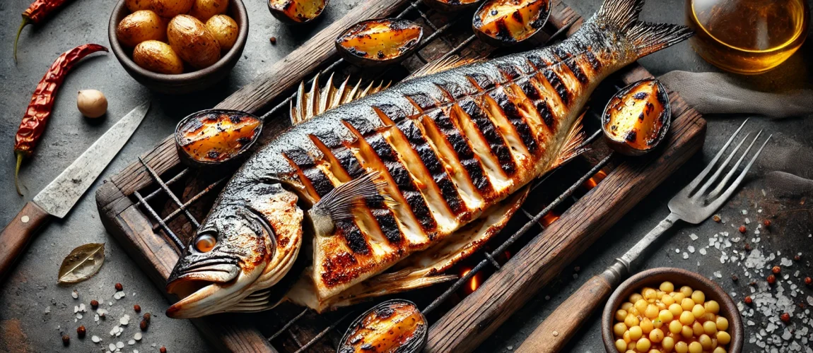 Robalo a la brasa con papas doradas y especias.
