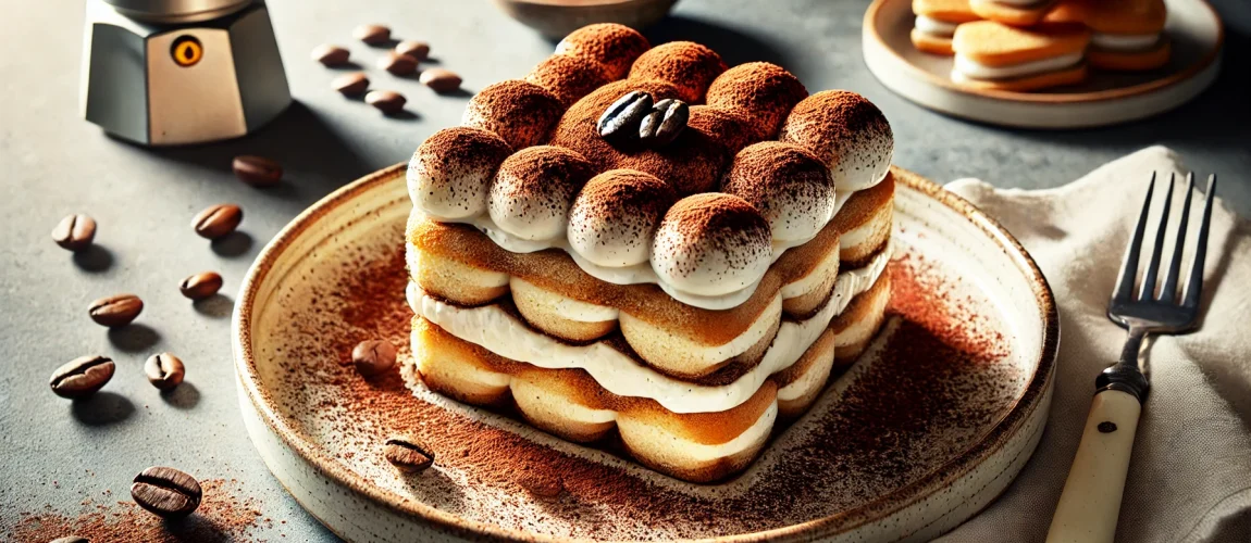 Postre clásico italiano de tiramisú, con capas de bizcochos empapados en espresso, mascarpone cremoso y cacao en polvo.