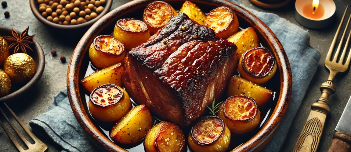 Vitela asada al estilo de Fafe con papas doradas.