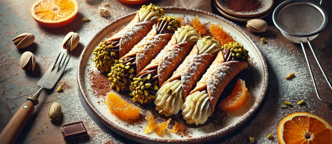 Cannoli sicilianos crujientes rellenos de crema de ricotta, decorados con chocolate, pistachos y naranjas confitadas.