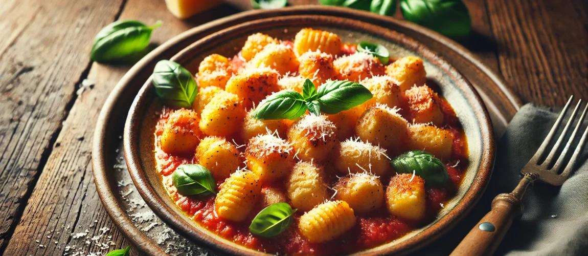 Plato de gnocchi italianos dorados servidos sobre salsa de tomate, con parmesano rallado y hojas frescas de albahaca.