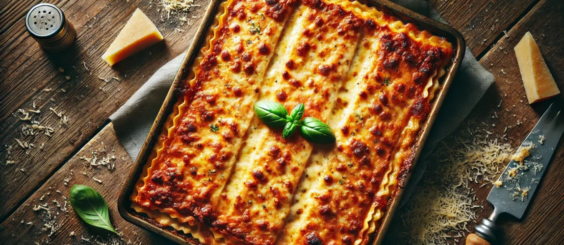Vista superior de una lasaña a la boloñesa en una bandeja, con una capa superior dorada y crujiente de queso derretido, decorada con hojas de albahaca.