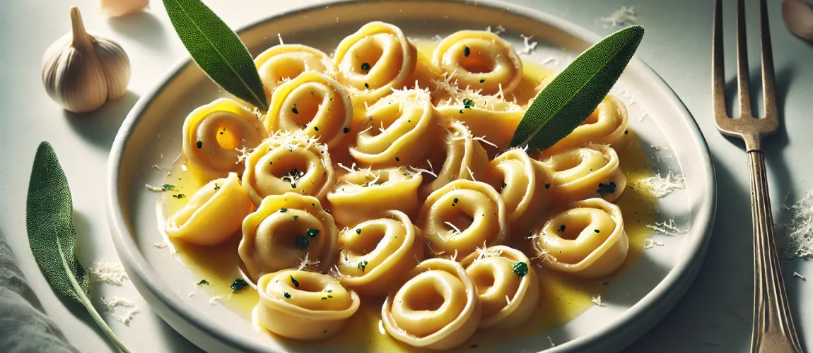 Tortellini de pasta en forma de anillo, servidos con salsa ligera de mantequilla y salvia, decorados con queso parmesano rallado y hojas de salvia.