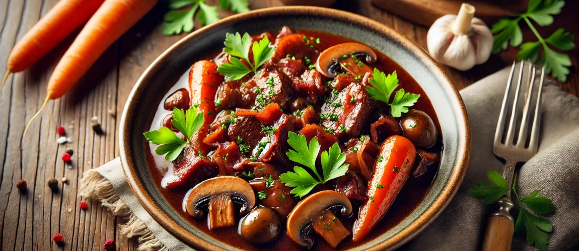 Un plato de Boeuf Bourguignon, un guiso de ternera cocinado en vino tinto con champiñones, zanahorias y hierbas frescas.