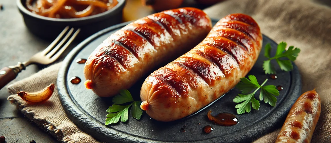 Andouillette a la parrilla, servida con cebollas caramelizadas y hierbas frescas.