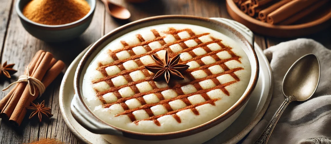 Un tazón grande de arroz con leche (Arroz Doce), un postre tradicional portugués, con un diseño de canela en polvo en forma de flor en la parte superior. Acompañado por un pequeño cuenco de arroz con leche y una estrella de anís en un ambiente hogareño.