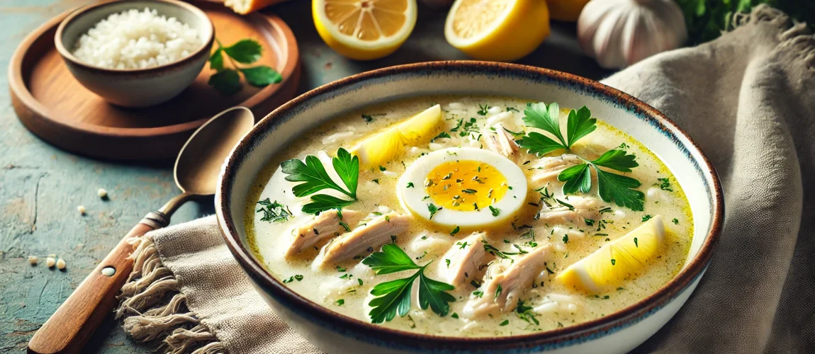 Sopa avgolemono griega con pollo, arroz y huevo, servida con limón.