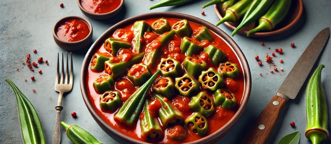Bamies, guiso griego de okra en salsa de tomate, servido en un plato.