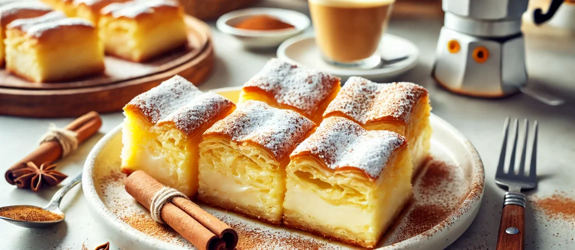 Bougatsa, pastel griego de masa filo relleno de crema y espolvoreado con azúcar glas.