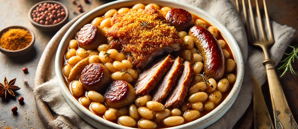 Un plato de Cassoulet, un guiso de alubias blancas con carne de cerdo, salchichas y confit de pato, gratinado en la parte superior.