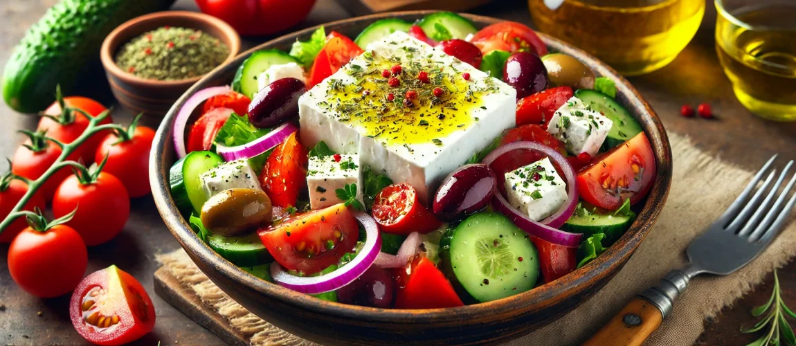 Ensalada griega horiatiki con queso feta, tomate, pepino, cebolla y aceitunas.