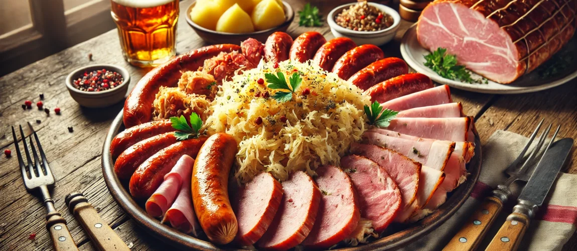 Choucroute Garnie, un plato alsaciano con col fermentada, varias carnes y salchichas, acompañado de patatas hervidas.