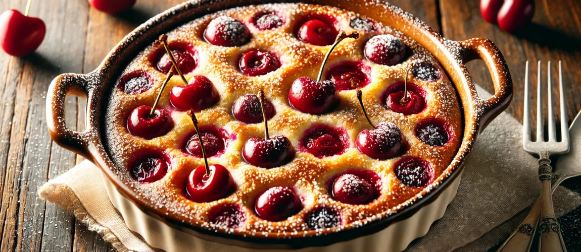 Clafoutis, un postre horneado de cerezas enteras cubierto con una masa suave y esponjosa.