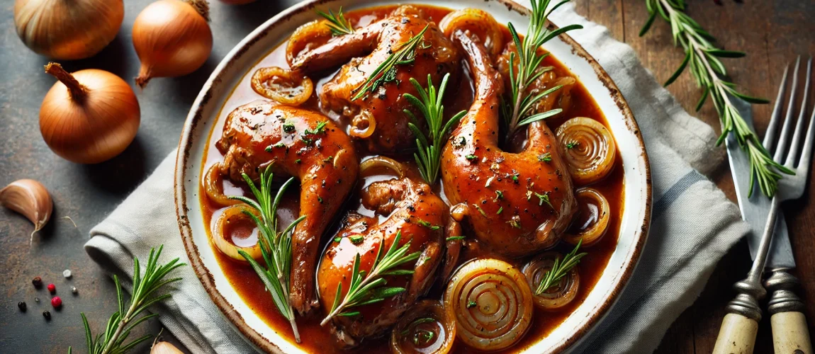 Un plato de conejo a la cazadora (Coelho à Caçador) servido en un plato blanco. El conejo está cocido en una rica salsa marrón, acompañado de rodajas de cebolla y decorado con ramitas frescas de romero, en un entorno rústico y acogedor.