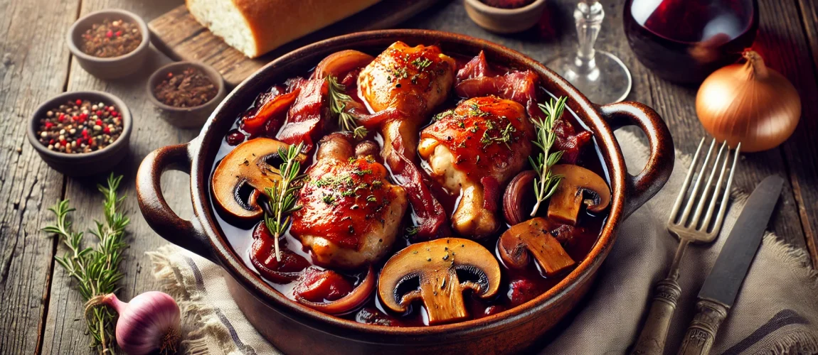 Un plato de Coq au Vin, un guiso francés de pollo cocinado en vino tinto con champiñones, cebollas, zanahorias y hierbas aromáticas.