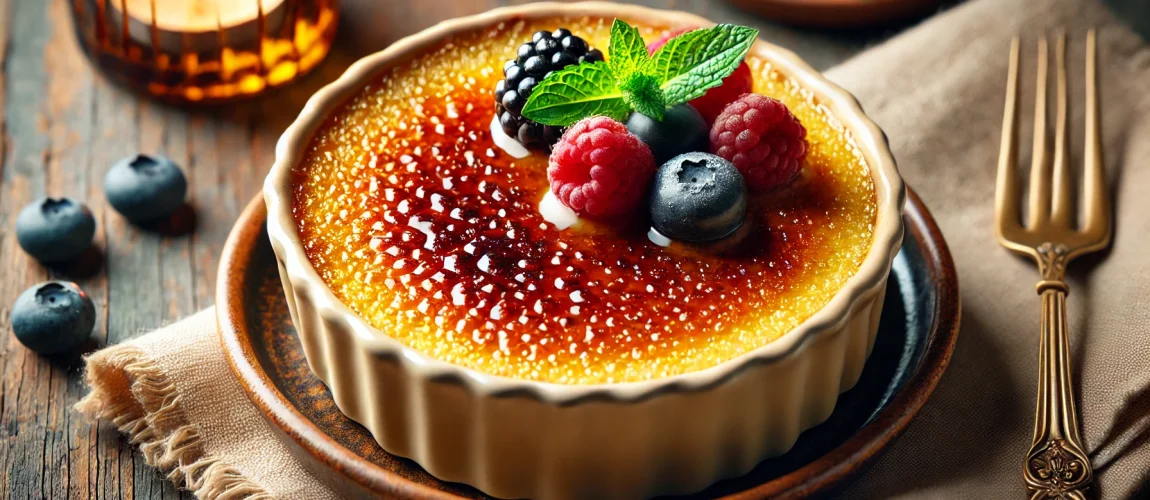 Crème Brûlée, postre cremoso con una capa crujiente de azúcar caramelizada, adornado con frutas frescas.