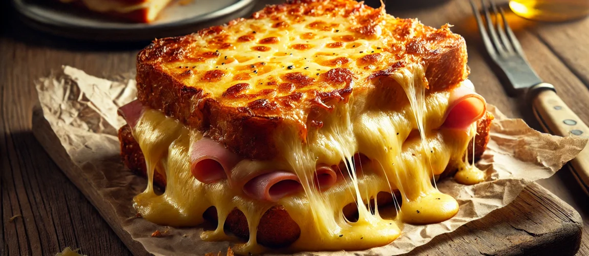 Un Croque Monsieur, un sándwich gratinado de jamón y queso cubierto con bechamel y queso derretido.