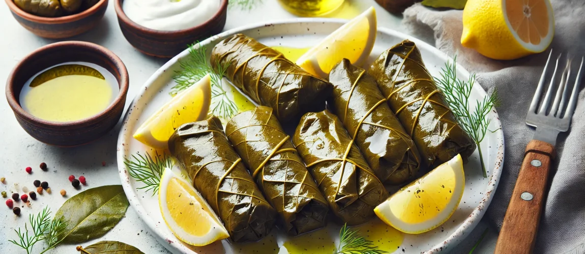 Dolmades, hojas de parra rellenas de arroz y hierbas con rodajas de limón.