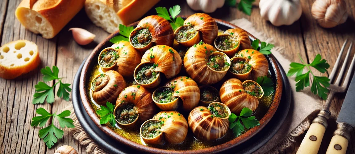 Un plato de Escargots de Bourgogne, caracoles cocinados en mantequilla de ajo y perejil, servidos en sus conchas.