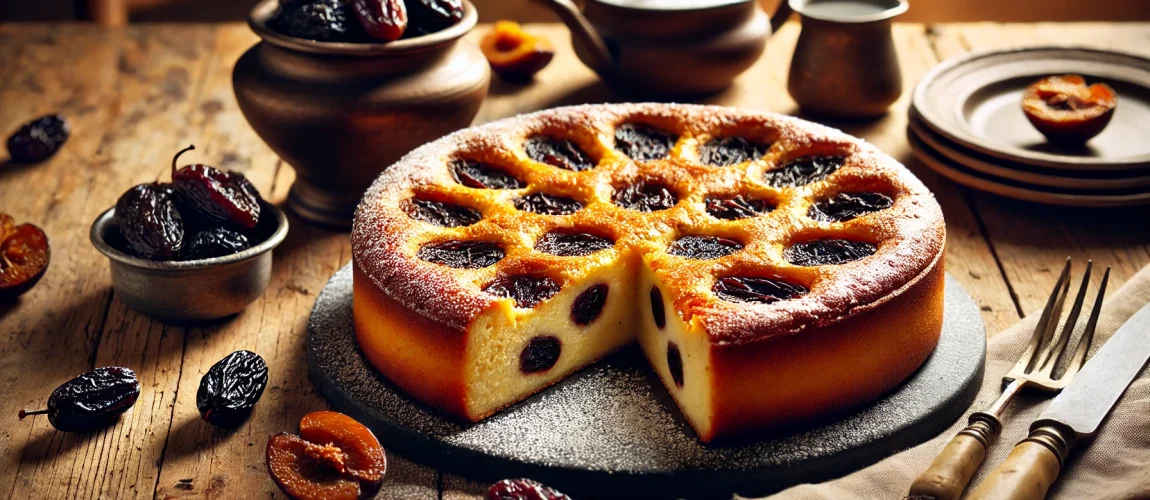 Far Breton, un postre horneado similar a un flan, lleno de ciruelas pasas.