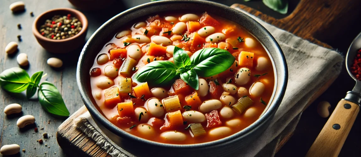 Fasolada, sopa griega de frijoles blancos con vegetales y aceite de oliva.