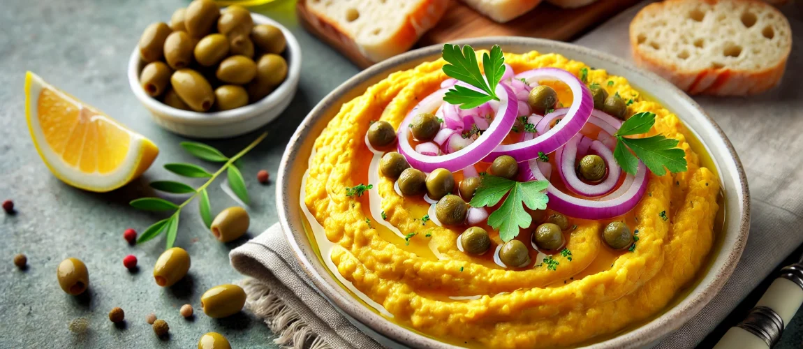 Fava, puré griego de guisantes amarillos con cebolla y alcaparras.