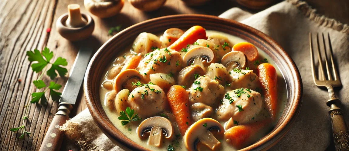 Fricassée de Poulet, un guiso cremoso de pollo con champiñones y zanahorias.