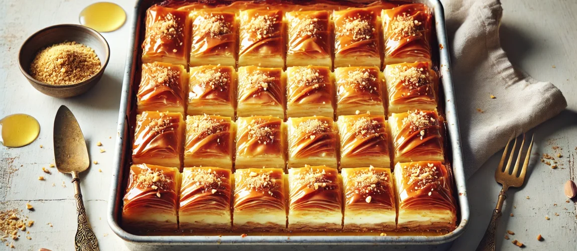 Galaktoboureko, pastel griego de masa filo relleno de crema de sémola y bañado en almíbar.