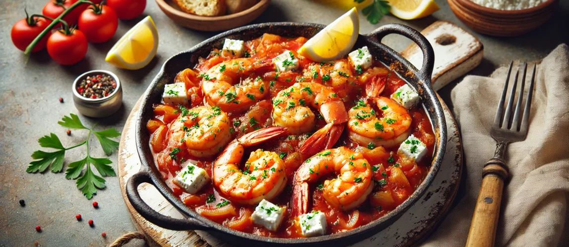 Garides Saganaki, camarones cocidos en salsa de tomate con queso feta, servidos con limón y pan.