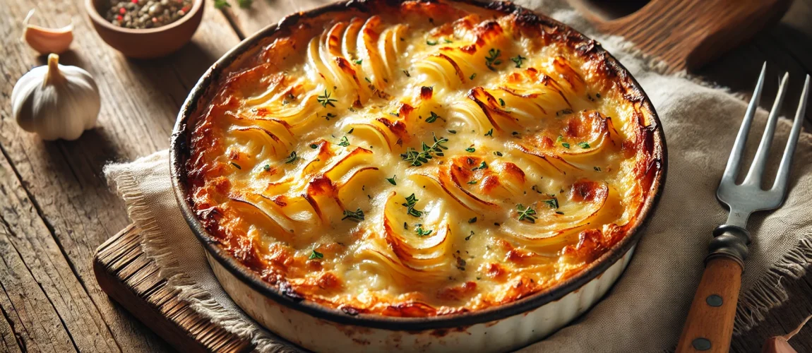 Gratin Dauphinois, un gratinado de patatas cubierto con nata y queso dorado, servido en un molde redondo.