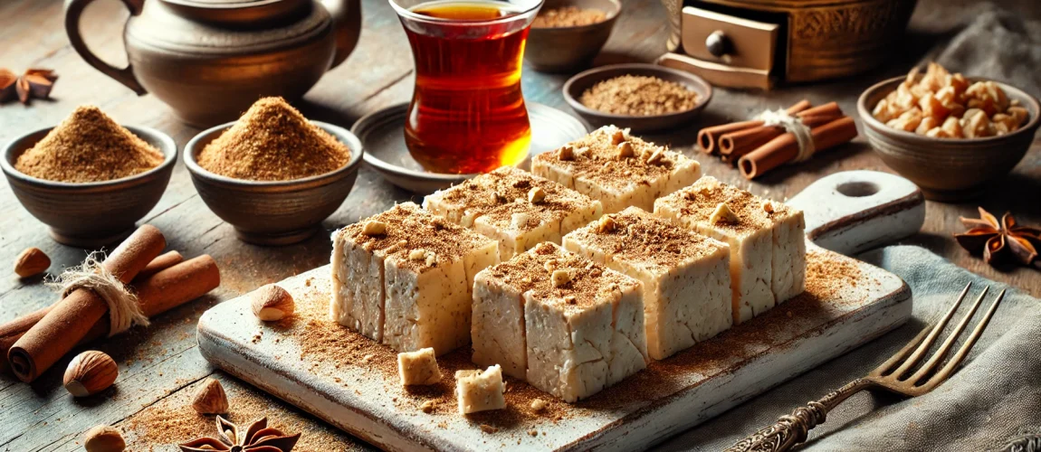Halva, dulce tradicional griego de sémola, servido en bloques espolvoreados con canela.