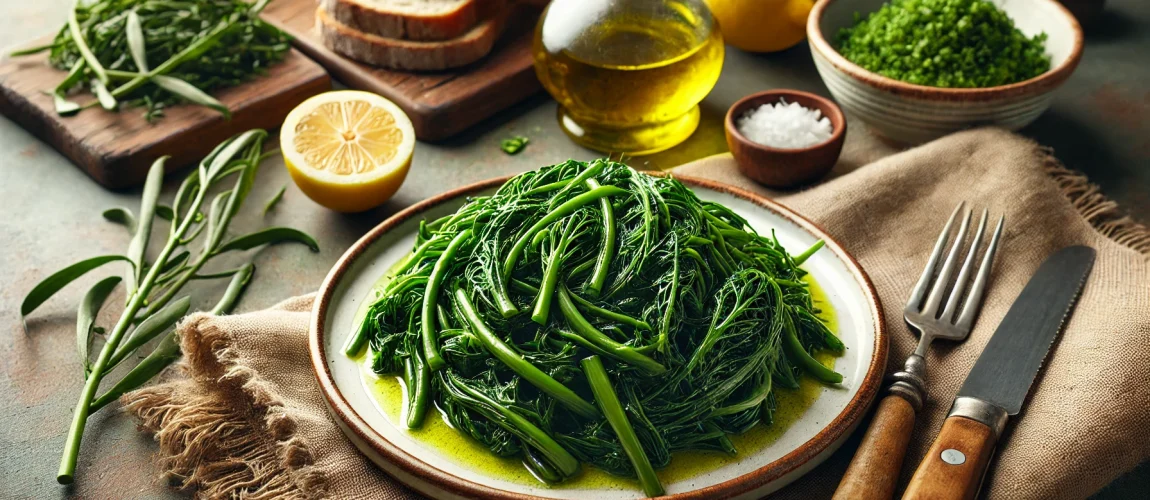Horta, verduras silvestres cocidas al estilo griego servidas con limón y aceite de oliva.