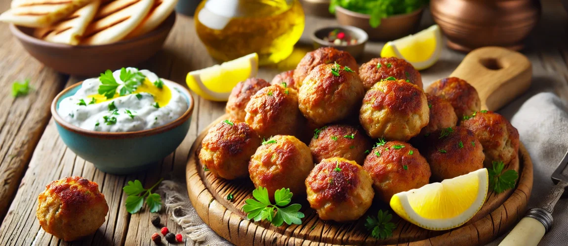 Keftedes, albóndigas griegas acompañadas de tzatziki y pan pita.