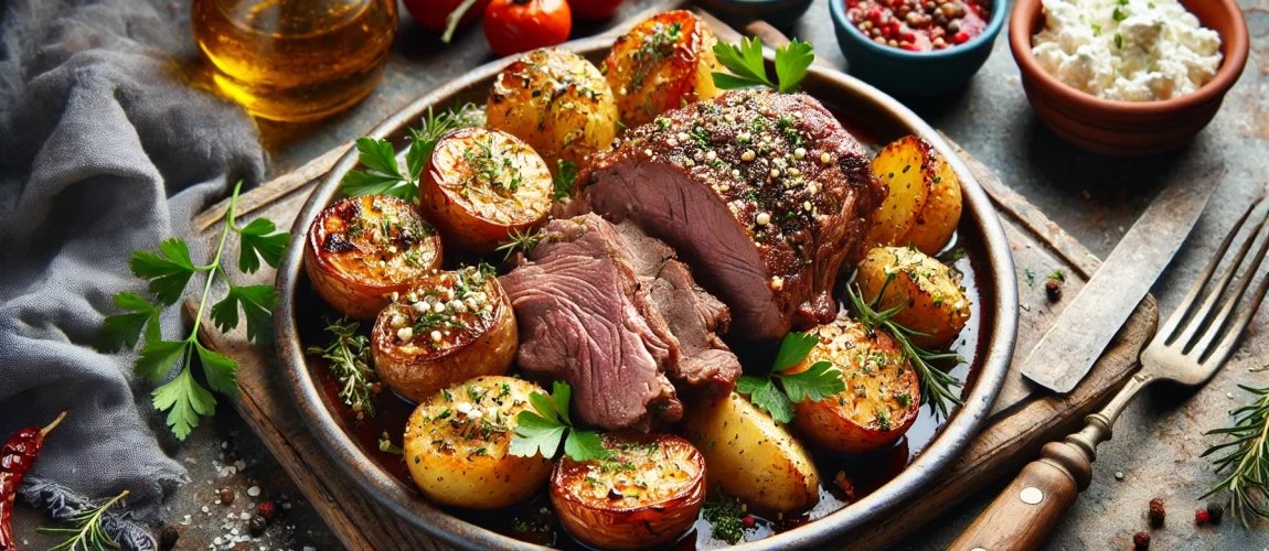 Kleftiko, pierna de cordero asada con papas y hierbas al estilo griego.