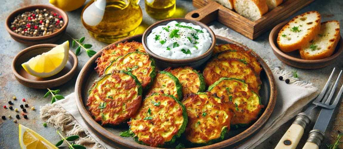 Kolokithokeftedes, buñuelos griegos de calabacín servidos con salsa de yogur y pan.