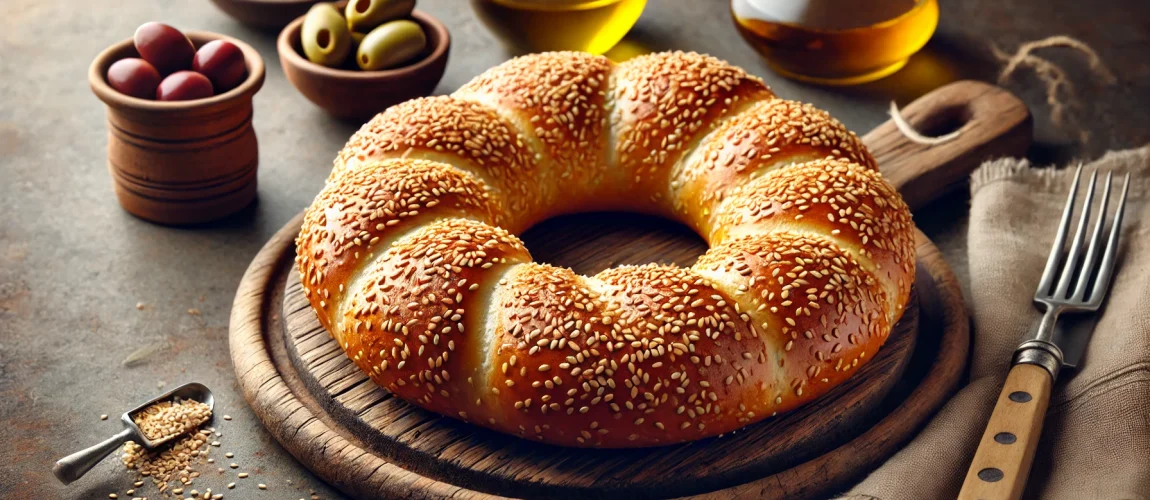 Koulouri griego, pan circular cubierto de semillas de sésamo, servido con aceitunas.