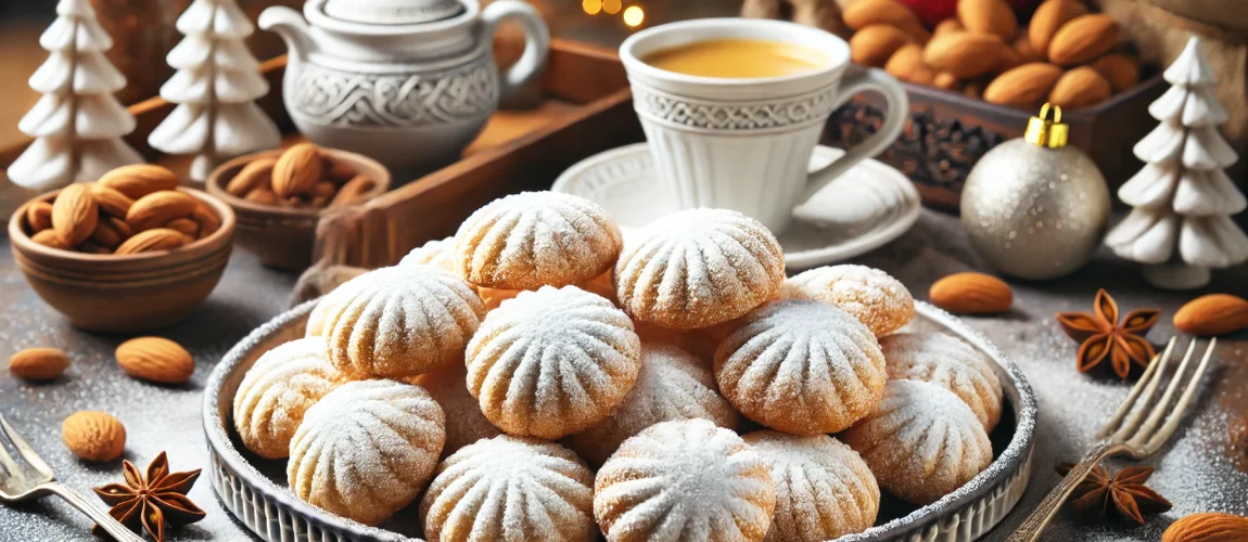Kourabiedes, galletas navideñas griegas de almendra espolvoreadas con azúcar glas, servidas con té.