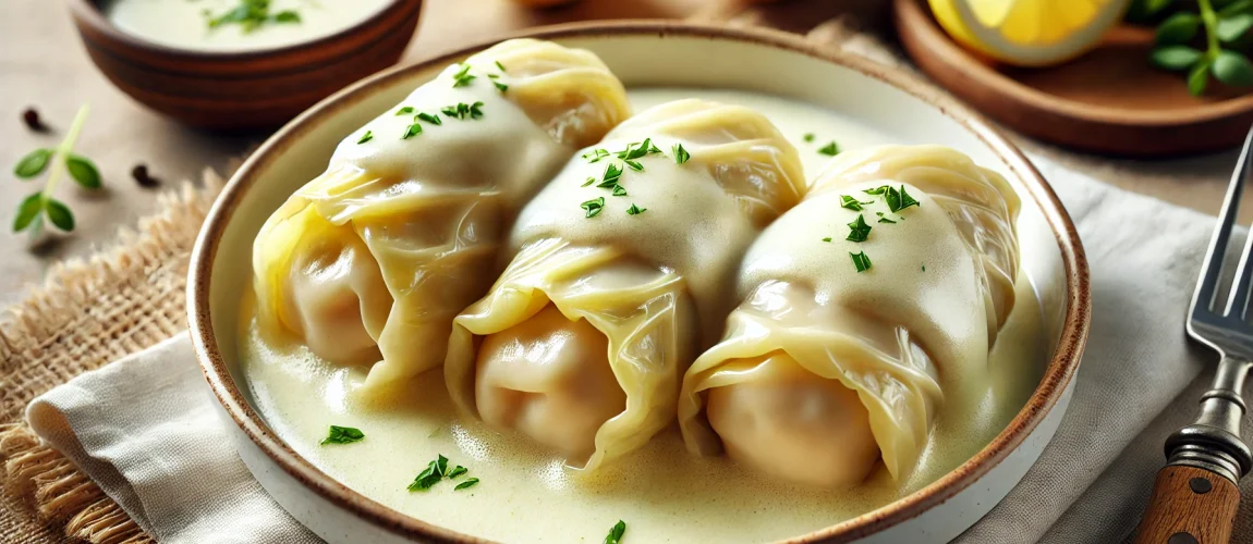 Lahanodolmades, rollos de col rellenos de carne y arroz, bañados en salsa avgolemono.