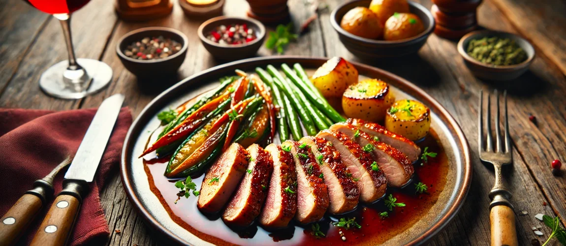 Magret de Canard, pechuga de pato en rodajas servida con una salsa de vino tinto, judías verdes y patatas asadas.