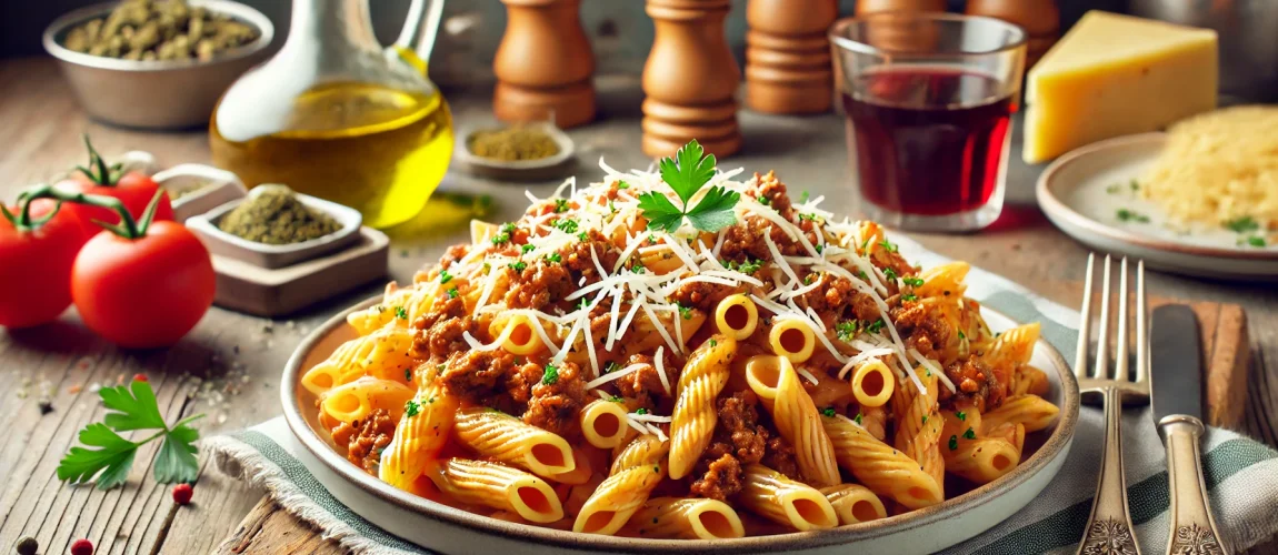 Makaroni me Kima, pasta griega con salsa de carne molida y queso rallado.