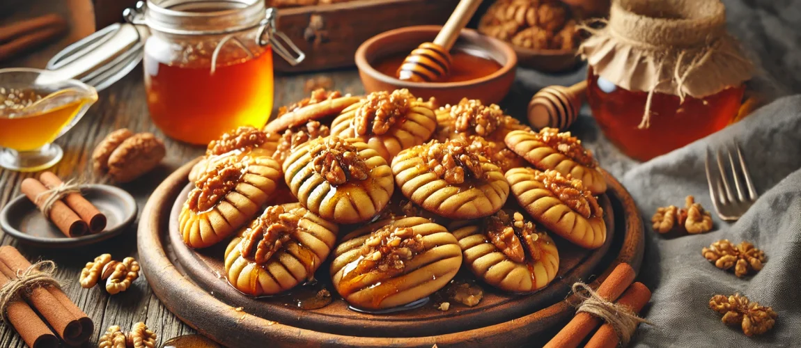 Melomakarona, galletas griegas de miel decoradas con nueces, acompañadas de tarros de miel y canela.