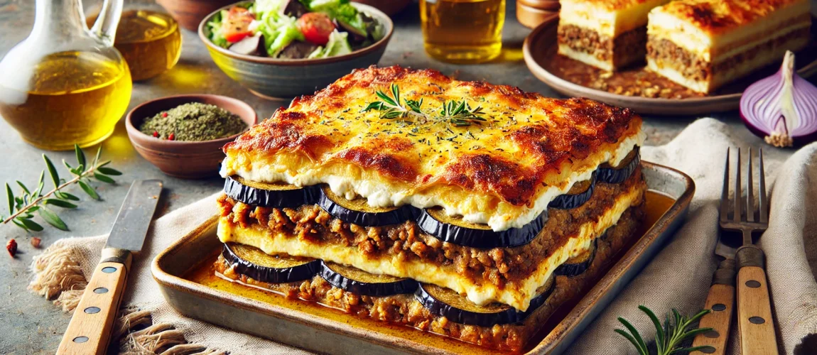 Moussaka griega con capas de berenjena, carne de cordero y bechamel gratinada.