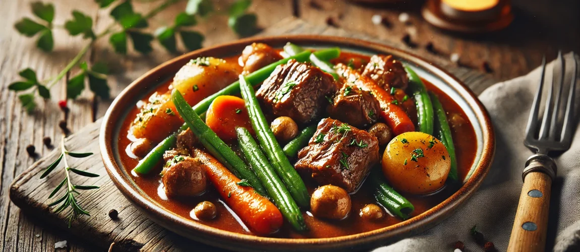 Navarin d'Agneau, un guiso de cordero con verduras de temporada como zanahorias, judías verdes y patatas.