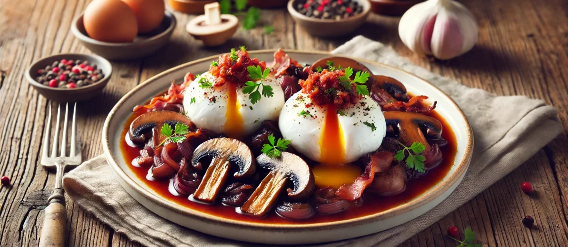 Oeufs en Meurette, huevos escalfados servidos con una salsa de vino tinto, champiñones y tocino.