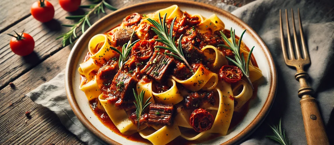 Un plato de pappardelle con ragú de jabalí, decorado con ramas frescas de romero y rodajas de tomates secos, servido en un plato rústico de cerámica, sobre una mesa de madera.